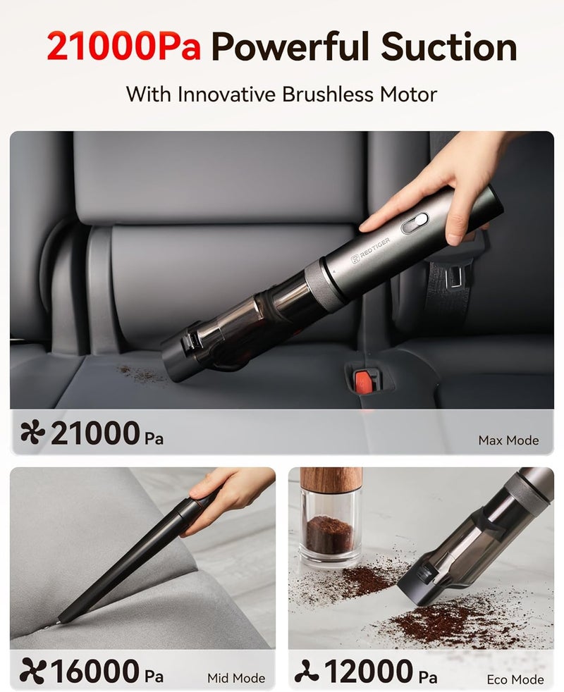 REDTIGER Car Vacuum Cordless, 21000PA Portable Handheld Vacuum Up to 70 Mins Runtime, 3.5H USB-C Fast Charge, Lightweight 4 in1 Mini Hand Held Cleaner Power for Car Home Outdoor Camp Pet Food Black - Image 2